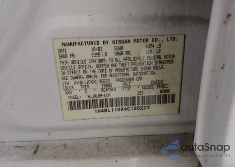 2004 Nissan Altima 3.5 Se из США, поврежденный, VIN 1N4BL11DX4C126223